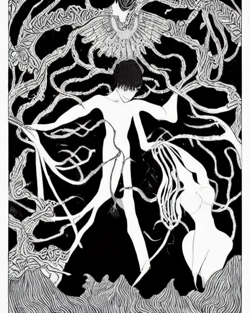 Image similar to the sandman dream of the endless illustrated in the style of aubrey beardsley