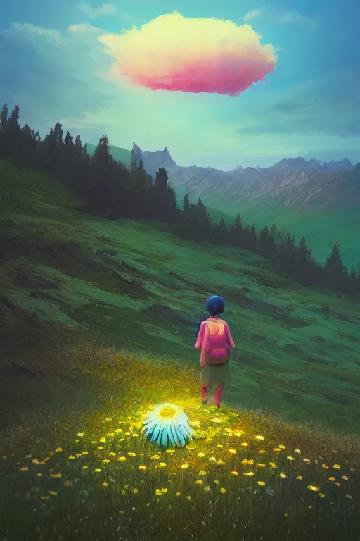 Image similar to giant daisy flower head, girl hiking in the mountains, surreal photography, sunrise, dramatic light, impressionist painting, colorful clouds, digital painting, artstation, simon stalenhag