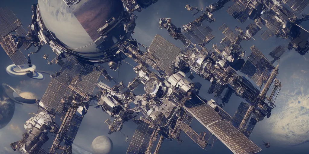 Image similar to Space station near the Saturn, hypermaximalistic, high details, cinematic, 8k resolution, beautiful detailed, insanely intricate details, artstation trending, octane render, unreal engine