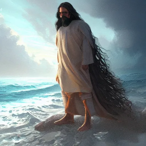 Prompt: a painting of a handsome guy with very long brownish! hair, with nerdy glasses as jesus christ! walking in the sea, art by artgerma and greg rutkowski, sacred holy art