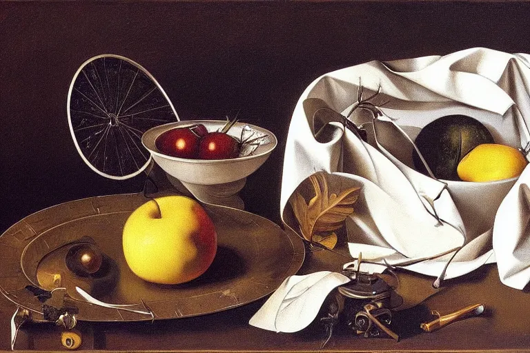 Prompt: still life painting of modern technology by Caravaggio, oil on canvas, strong lighting, highly detailed, hyper realism, HD, 4K