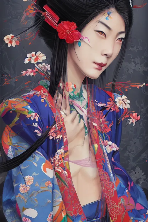 Image similar to a professional painting of 3 gorgeous Japanese Geisha girls, in brightly colored kimonos, long dark hair, beautiful bone structure, symmetrical facial features, intricate, elegant, digital painting, concept art, smooth, sharp focus, illustration, from StarCraft by Ruan Jia and Mandy Jurgens and Artgerm and William-Adolphe Bouguerea, epic, stunning, gorgeous, intricate detail, much wow, 4K, masterpiece, trending on artstation