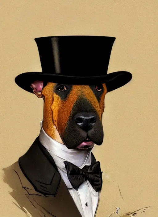 Prompt: portrait of a bull terrier as a gentleman, top hat, intricate, headshot, highly detailed, digital painting, artstation, concept art, sharp focus, cinematic lighting, illustration, art by artgerm and greg rutkowski, alphonse mucha, cgsociety