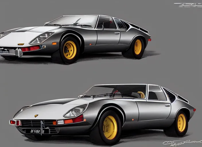 Prompt: a blending, amalgamation and detailed combination of a lamborghini countach, datsun 2 6 0 z and a jaguar e - type, concept art, round headlights, long engine bay, 8 k, highly detailed, trending on art station