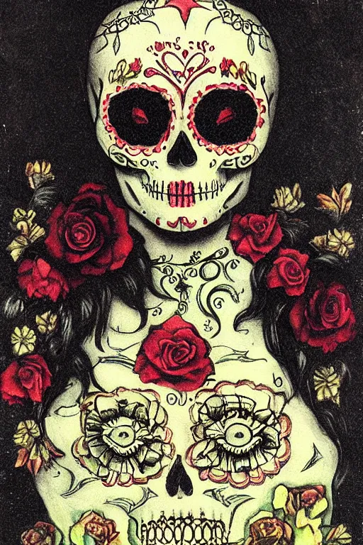Prompt: Illustration of a sugar skull day of the dead girl, art by carl gustav carus