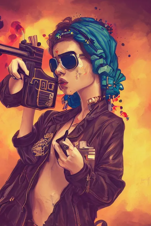 Image similar to painting of a gangster girl holding a gun and smoking, cute face, intricate, highly detailed, digital painting, official media, concept art, rich vivid colors, ambient lighting, sharp focus, illustration