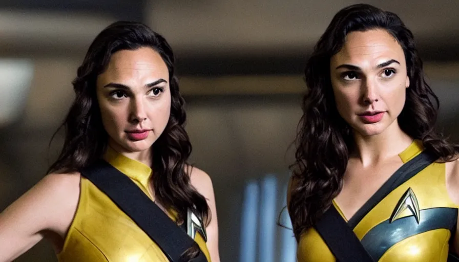 Image similar to Gal Gadot, wearing a yellow uniform, is the captain of the starship Enterprise in the new Star Trek movie