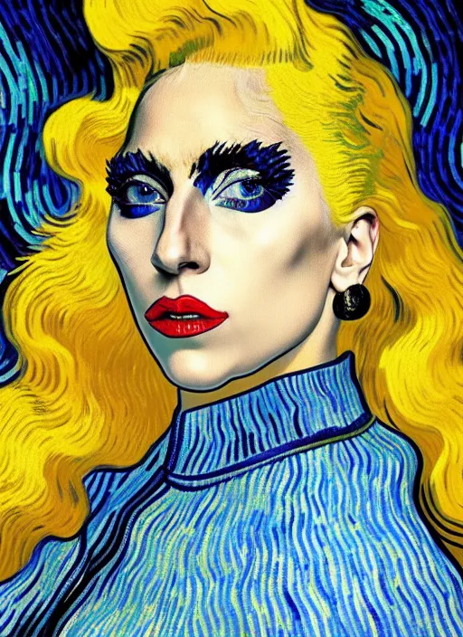 Prompt: lady gaga : : by vincent van gogh : : dynamic, particulate, rich colors, intricate, elegant, highly detailed, vogue, fashion magazine, smooth, sharp focus, 8 k