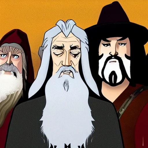 Image similar to gandalf in the cartoon metal band metalocalypse