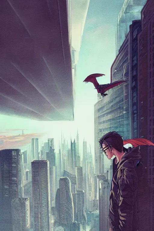 Prompt: concept art painting of a guy with wings flying over city skyline, moody vibe, moody lighting, artgerm, moebius, inio asano, toon shading, cel shading, calm, tranquil, vaporwave colors,