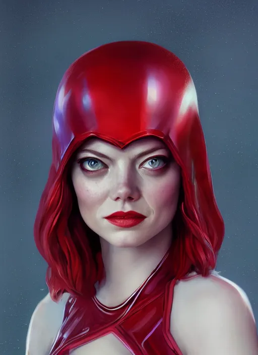 Image similar to portrait of emma stone as scarlet witch, hyper detailed, digital art, trending in artstation, cinematic lighting, studio quality, smooth render, unreal engine 5 rendered, octane rendered, art style by klimt and nixeu and ian sprigger and wlop and krenz cushart.