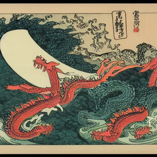 Image similar to A sea of dragons by Utagawa Kuniyoshi, ukiyo-e, nightmare ocean storm