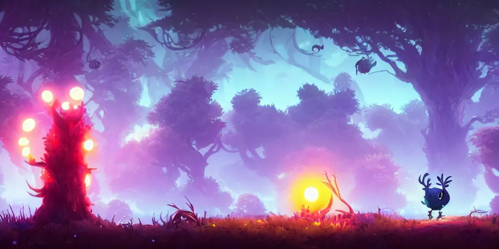 Image similar to Ori and the blind forest, SOTN, wonder boy, dead cells, hollow knight Portrait of a trees side scrolling, Very Cloudy Sky, Sun, Neon Lights, Subject in Middle, Rule of Thirds, 4K, Retrofuturism, Studio Ghibli, Simon Stålenhag