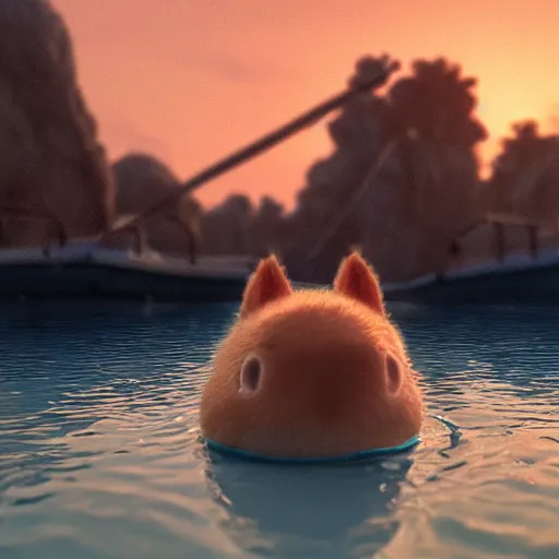 Image similar to a close - up image of a baby dog on a small wooden boat in the sea near a small island at sunrise, ghibli studio, pixar and disney style, concept art, octane render, unreal engine 5, trending on artstation, high quality, highly detailed, colorful, anatomically correct, anime style, beautiful, path traced, cute