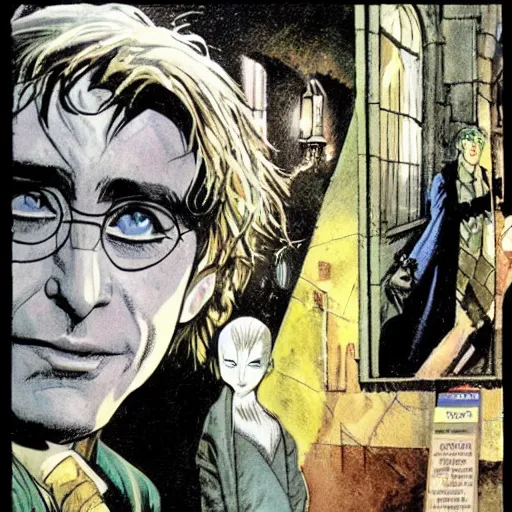 Image similar to in one frame Harry Potter with Sandman in The Sandman comic, by Neil Gaiman, by Dave McKean, comics Sandman, small details, clear faces, high detail