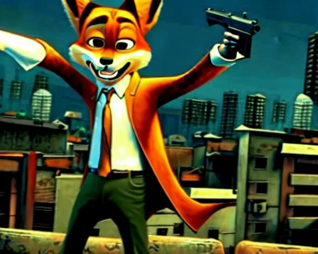 Image similar to nick wilde as max payne in max payne 3 set in gritty neo - noir zootopia, favela / furvela shootout