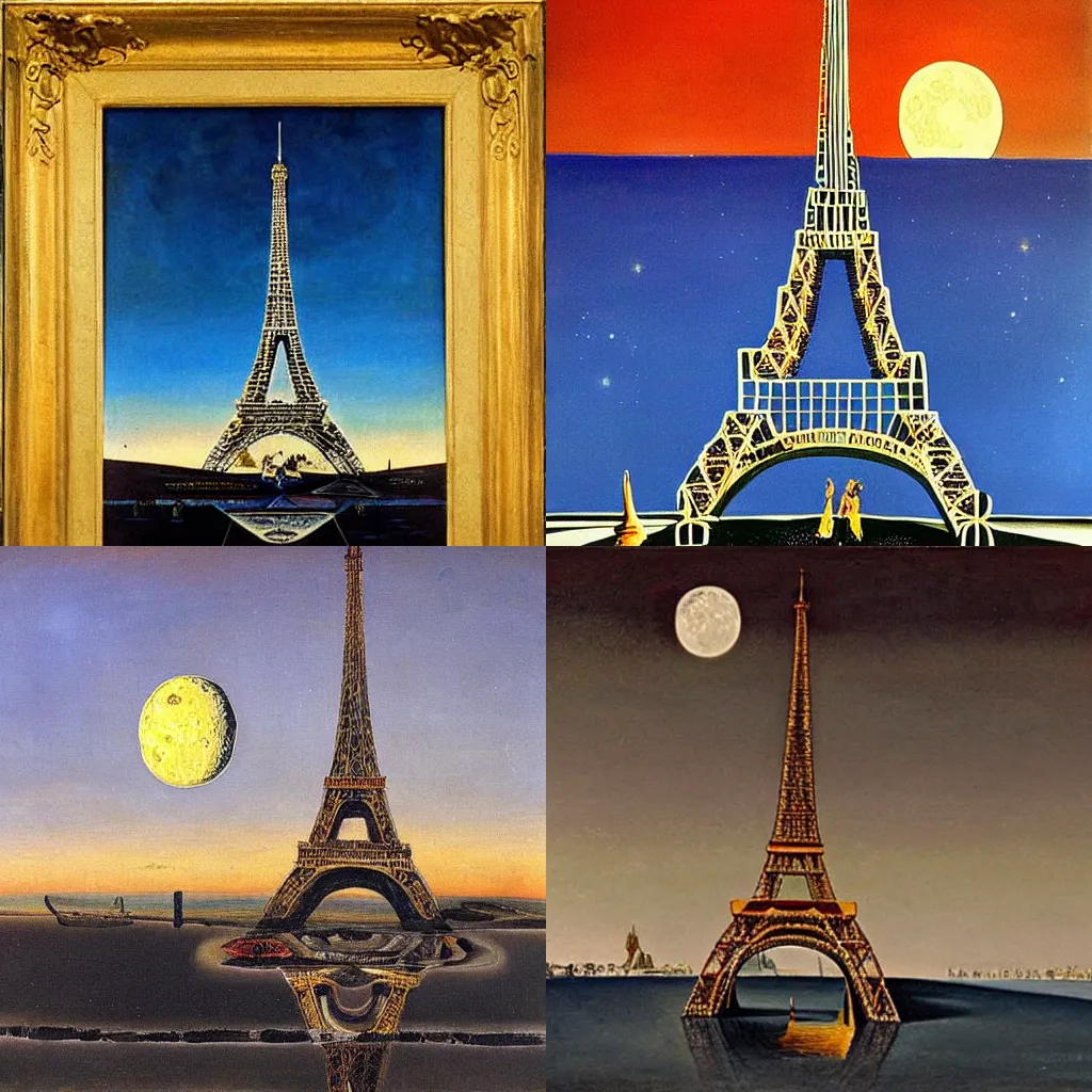 Prompt: a painting of the Eiffel tower sitting on top of the moon by Salvador Dali