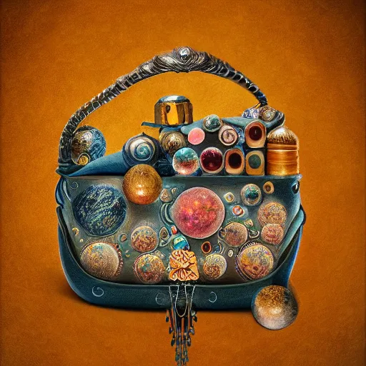 Prompt: universe inside ampoules and alambics in a surreal ancient doctor's bag, intricated detailed, soft painting, depth of field, trending on artstation