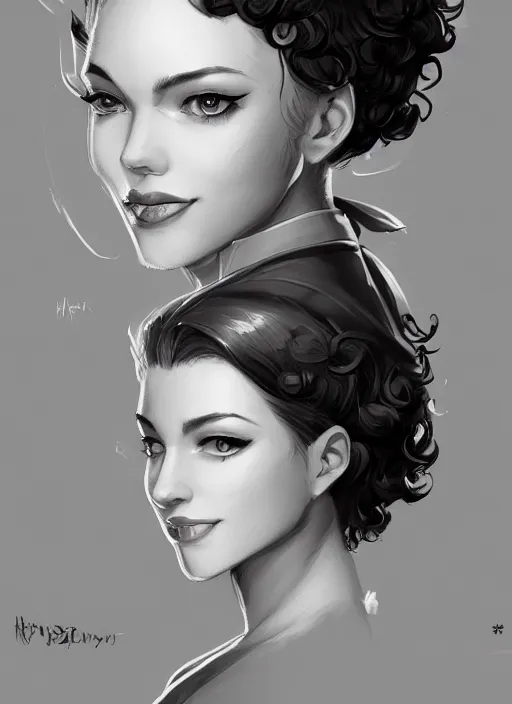 Image similar to a highly detailed illustration of curly short haired girl wearing noir hat and suit, dramatic smiling pose, intricate, elegant, highly detailed, centered, digital painting, artstation, concept art, smooth, sharp focus, league of legends concept art, WLOP