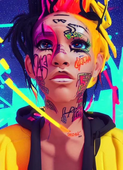 Prompt: graffiti of a streetwear anime style mixed woman wearing thick mascara, crying, a city on fire in the background, police lights shine on her face, tattoos, dark glitter, Cinestill 50d, 4k, 8k, hd, full color, octane render, trending on artstation, highly detailed