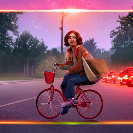 Image similar to wendy thomas as ( maxine mayfield ) from stranger things riding her bike in the middle of the street, the bike's flashlight illuminating the ground, the clear sky, realistic, extremely high details, photorealistic, 2 0 2 2 s, soft lighting, 4 k, human photo