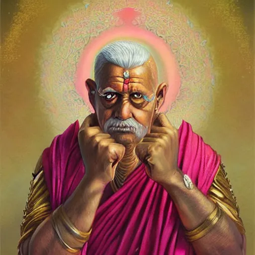 Image similar to wise old Indian guru, making fists, pink and gold, by Anato Finnstark, Tom Bagshaw, Brom