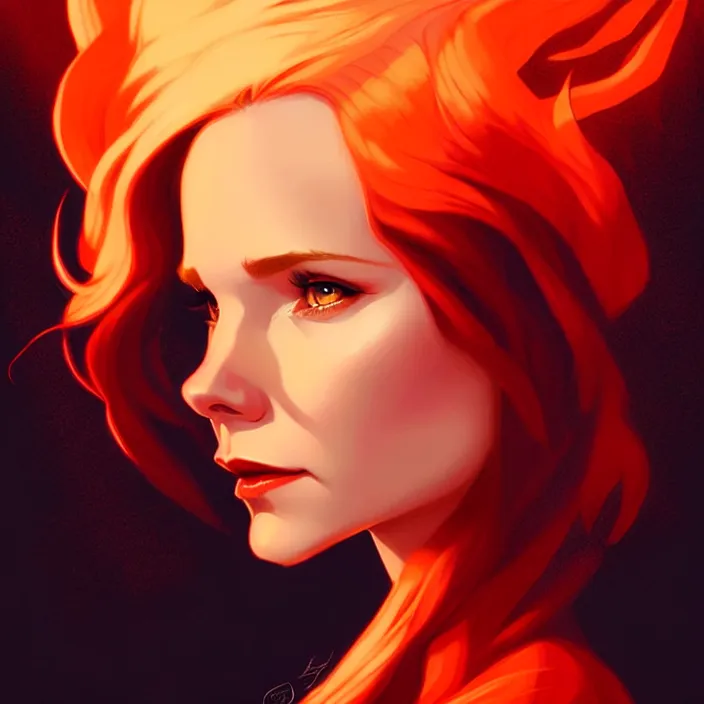 Image similar to style artgerm, joshua middleton, beautiful kristen bell with dark red dress, very long orange hair, symmetrical face, symmetrical eyes, fire powers fire swirling, detailed, volcano setting, cinematic lighting