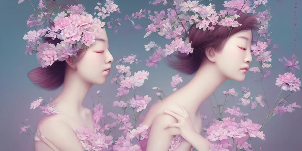 Image similar to highly detailed pastel colors of an ethereal asian beauty morphing gradually into flowers, by artgerm and hsiao - ron cheng, smooth composition, fine patterns and detail