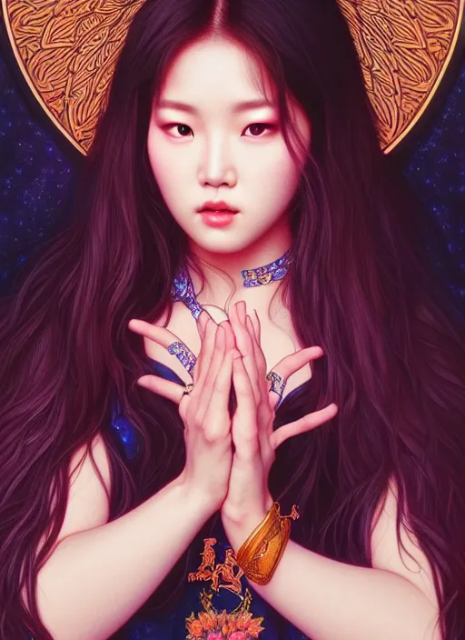 Image similar to roseanne park of blackpink, tarot card, highly detailed, digital painting, smooth, sharp focus, illustration, ultra realistic, 8 k, art by artgerm and alphonse mucha