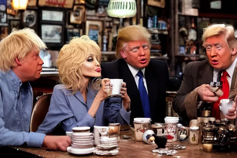 Image similar to Angelina Jolie, boris johnson, The Alien from the movie 'Alien', dolly parton, donald trump are best friends, drinking coffee at central perk, still photo, hyperrealistic, 35mm, 8k, by weta digital