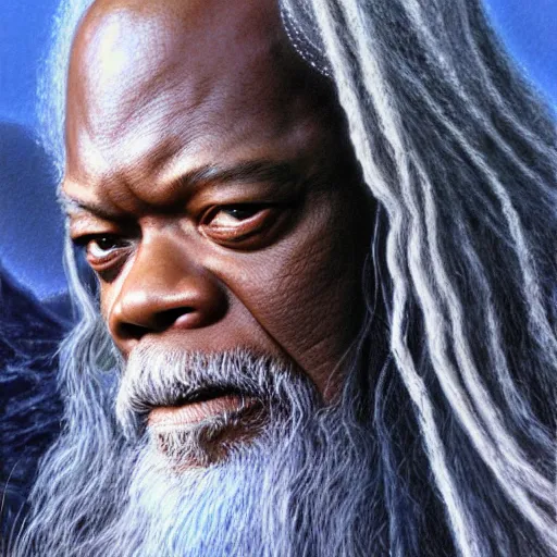 Image similar to portrait of samuel jackson as gandalf, by alan lee, lord of the rings calendar, smooth, detailed terrain, oil painting, matte painting, concept art, trending on artstation