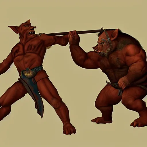 Prompt: An orc throwing a boar, digital art