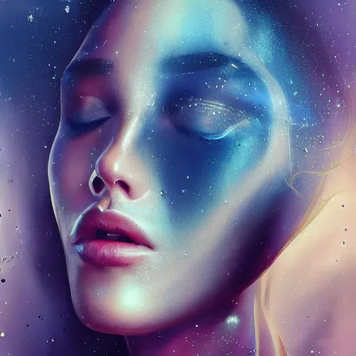 Prompt: sci - fi, close - up, 3 d, stars, blonde fashion model face closed eyes, cinematic, clouds, sun rays, vogue cover style, poster art, blue mood, realistic painting, intricate oil painting, high detail illustration, figurative art, multiple exposure, water, 3 d, by tooth wu and wlop and beeple and greg rutkowski