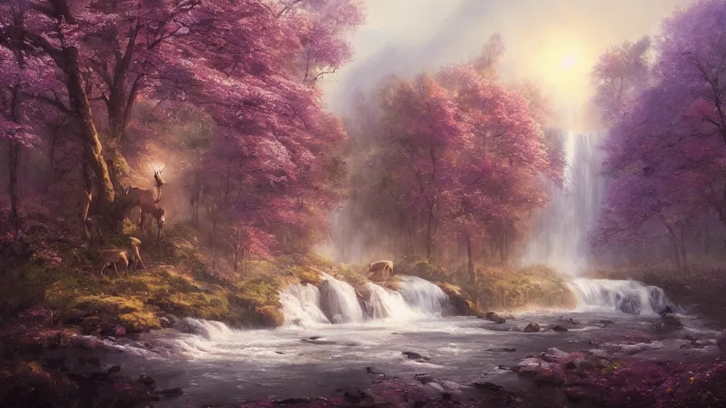 Image similar to the most beautiful panoramic landscape, oil painting, where a giant dreamy waterfall creates a river, the trees around are starting to bloom in purple colors, a majestic deer is in close - up and it is exhaling steam, the ray lights of the sunrise are brightening him, by greg rutkowski