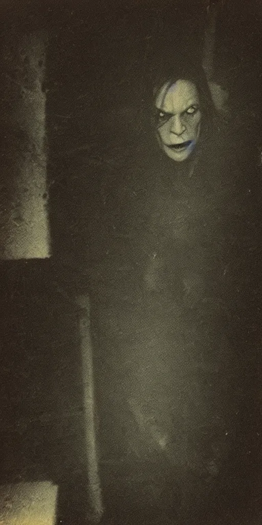 Image similar to still of a horrid vampiric creature hiding in a barn, horror movie, grainy, faded, polaroid, found footage