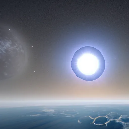 Image similar to hexagon sun shields floating above earth, unreal engine, digital art, solar eclipse, seen from earth