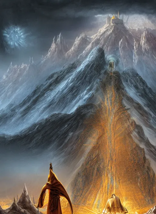 Prompt: hooded figure in lord of the rings scenery cosmic landscape, looking out at a huge tibetan temple on a mountain, god's rays, highly detailed, vivid color, cinematic lighting, perfect composition, 8 k, gustave dore, derek zabrocki, greg rutkowski, belsinski, octane render