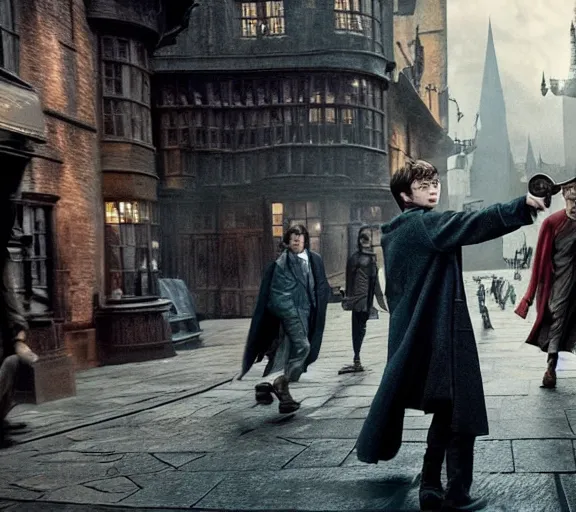 Image similar to Daniel radcliffe as harry potter, epic wide shot, cinematic shading, widescreen, sharp image, warm colors, Blu-Ray, directed by Christopher Nolan and Asher Duran