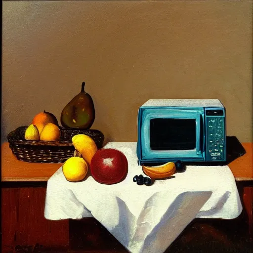 Prompt: A still life of a microwave, Gaspar Peeter, Max Carlier, (oil) painting, table, fruit bowl, (window)