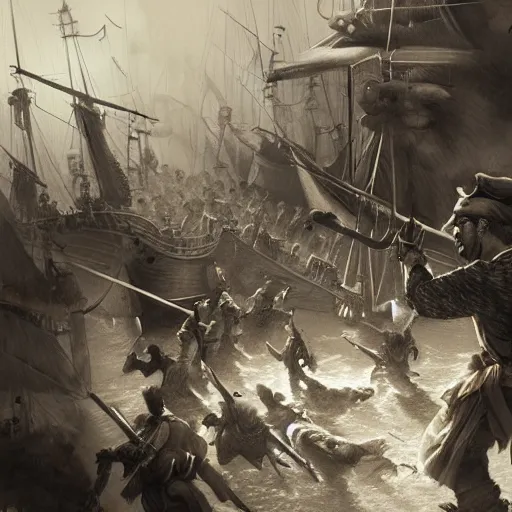 Image similar to close up of biggest pirate battle ever, pencil sketch, realistic shaded, fine details, realistic shaded lighting poster by greg rutkowski