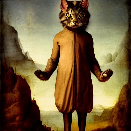 Prompt: a standing cat that has goat horns, anthropomorphic cat wearing dark robes, matte oil painting, by leonardo da vinci, eldritch, magical, fog, noble, full body portrait, extremely detailed, cult, ritual, 4 k, 8 k