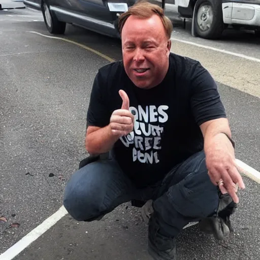 Image similar to alex jones begging for money on the side of the road, award winning press photo