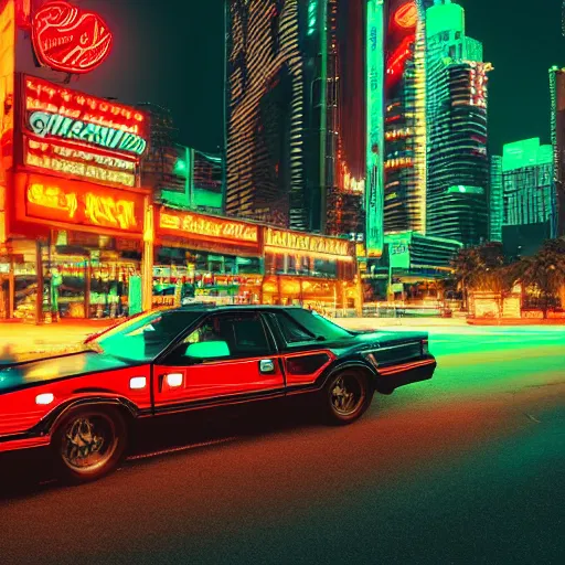 Image similar to a black 1 9 9 0 thunderbird idling in a neon cyberpunk city, 4 k resolution, highly detailed