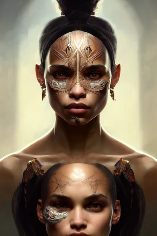 Image similar to symmetry!! portrait of zoe kravitz in the style of god of war, machine parts embedded into face, intricate, elegant, highly detailed, digital painting, artstation, concept art, smooth, sharp focus, illustration, art by artgerm and greg rutkowski and alphonse mucha, 8 k