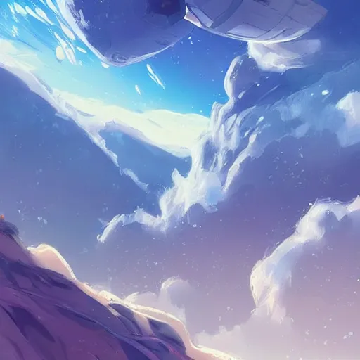 Image similar to a spaceship crashed into a foreign planet, lush. The spaceship is buried in the ground. beautiful white clouds. in the style of digital art, artstation trending, rossdraws, breath of the wild