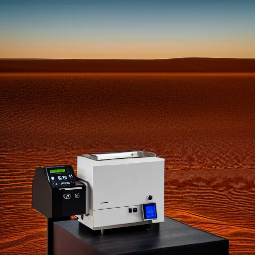 Image similar to stl model slicer GUI control device for industrial house printer, in the australian desert, XF IQ4, 150MP, 50mm, F1.4, ISO 200, 1/160s, dawn
