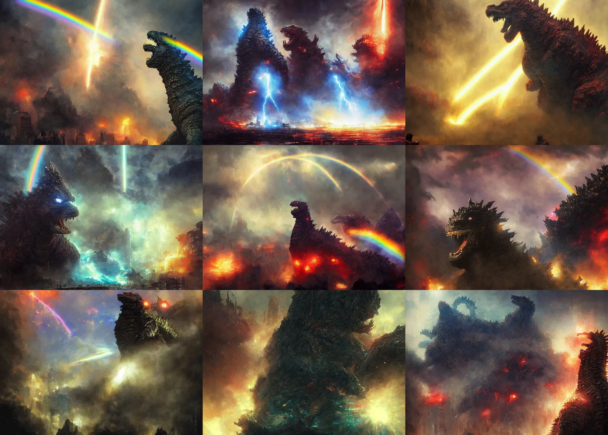 Prompt: digital art painting godzilla destroying a city with a rainbow beam power coming out it's mouth painted by craig mullins and gaston bussiere and greg rutkowski, dramatic lighting, symmetrical facial features, symmetrical face, defined facial features, close up