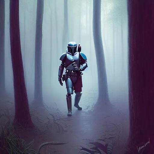 Prompt: the mandolorian walking in a dense forest with a foggy overcast by charles vess and james jean and erik jones and rhads, inspired by star wars, intricate high details, sharp, ultradetailed, unreal 5, hyper realistic