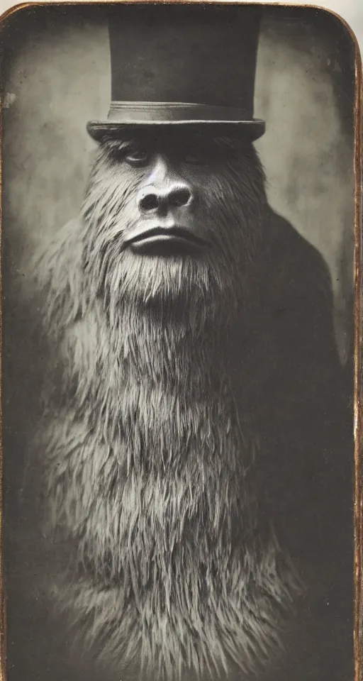 Prompt: a vintage wet plate portrait of a dignified bigfoot with a top hat and cane, extremely detailed