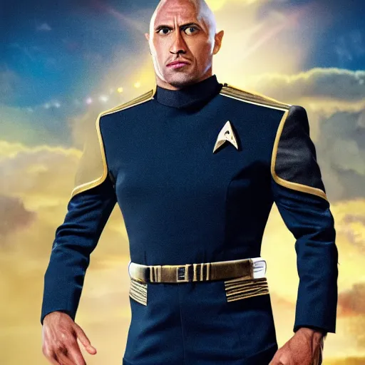 Image similar to a full body portrait of the rock as a star fleet officer from star trek next generation dressed in full uniform, ultra rendered extreme realism and detail, 8 k, highly detailed, realistic, completely framed, hyper realistic, colorful, direct lighting, 3 5 mm photo, photorealistic, sharp focus